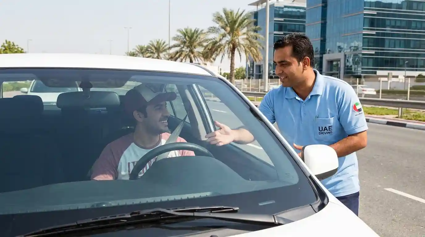 Students celebrating after passing their driving test at Al Shaab Driving School Sharjah with instructor Mr. Asif Akbar